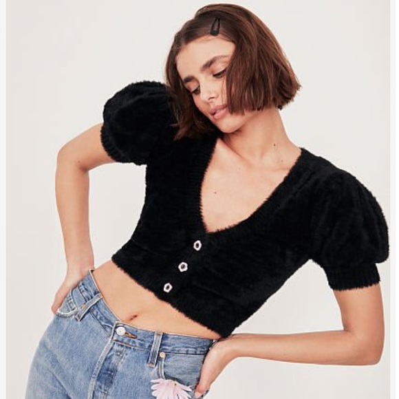 For Love And Lemons Sweaters - For Love & Lemons VS Puff Sleeve Black Sweater Cropped Cardigan Flower Winter